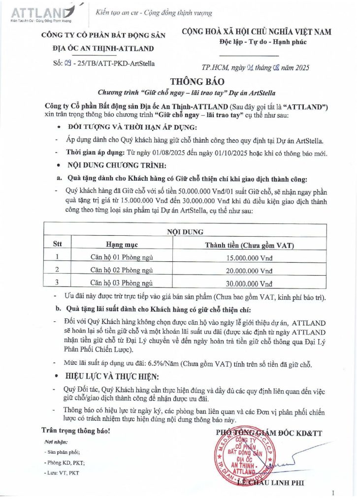 Ưu đãi giữ chỗ ArtStella